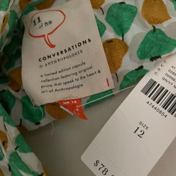 Anthropologie NWT Soft Pear Print Blouse, Size 12 - Picture 3 of 11
